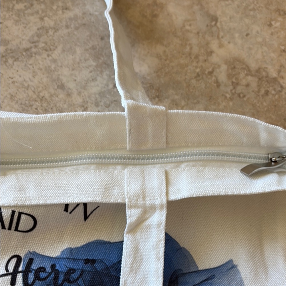 White Canvas Zipper Tote Bag with Blue Floral Design - Picture 5 of 5